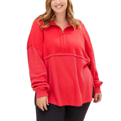 Damen Pullover Halbzipper Voluminöse Ärmel Grau Eveloria
