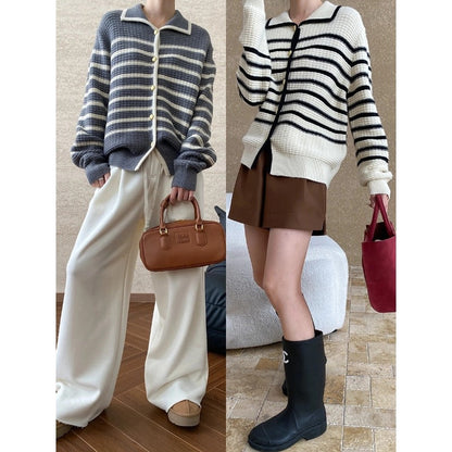 Damen Strickjacke Gestreift mit Druckknöpfen Lässig Beige