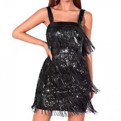 Damen Cocktailkleid Pailletten Fransen V-Ausschnitt