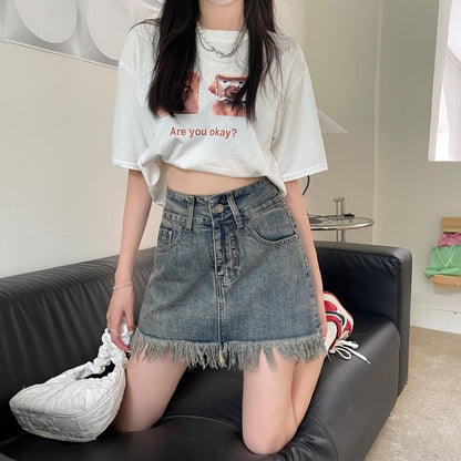 Damen Denim Shorts Fransiger Saum Hochbund