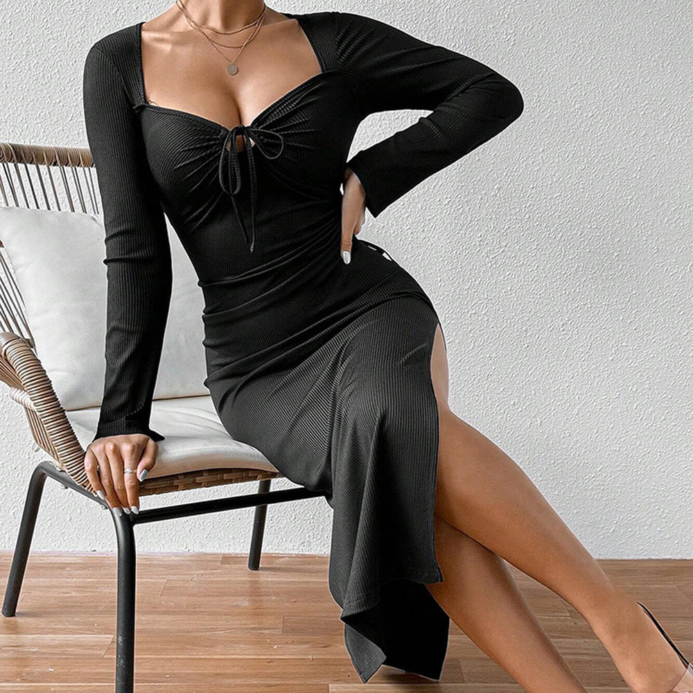 Damen Langarm Rippkleid mit Kordelzug und flexibler Einstellung - Eveloria