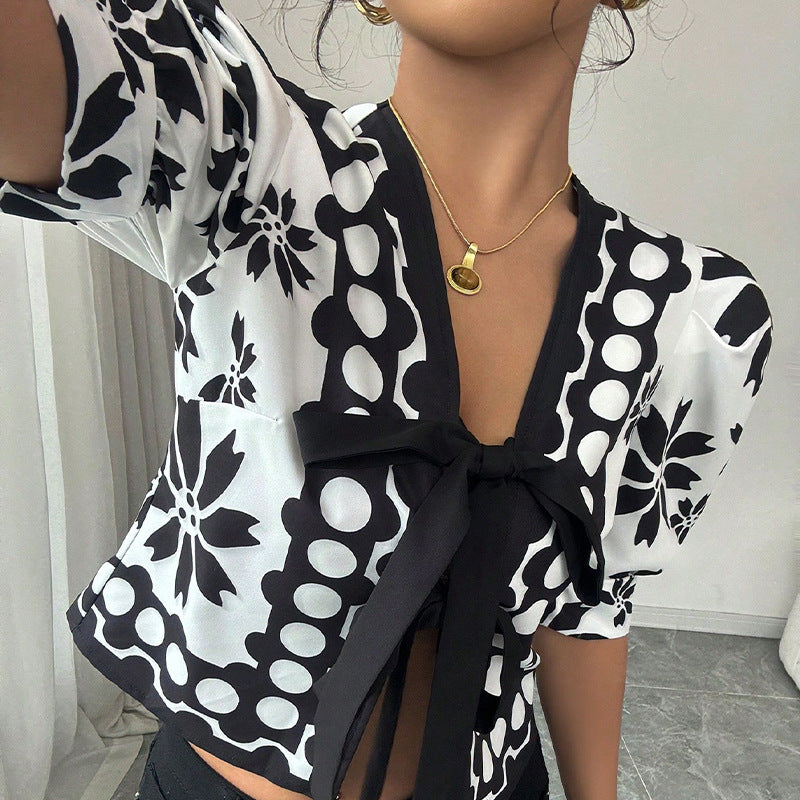 Damen Bluse Floralmuster Schleifenbindung
