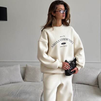 Damen Oversized Sweatshirt Anzug mit Schriftzug Elastisch