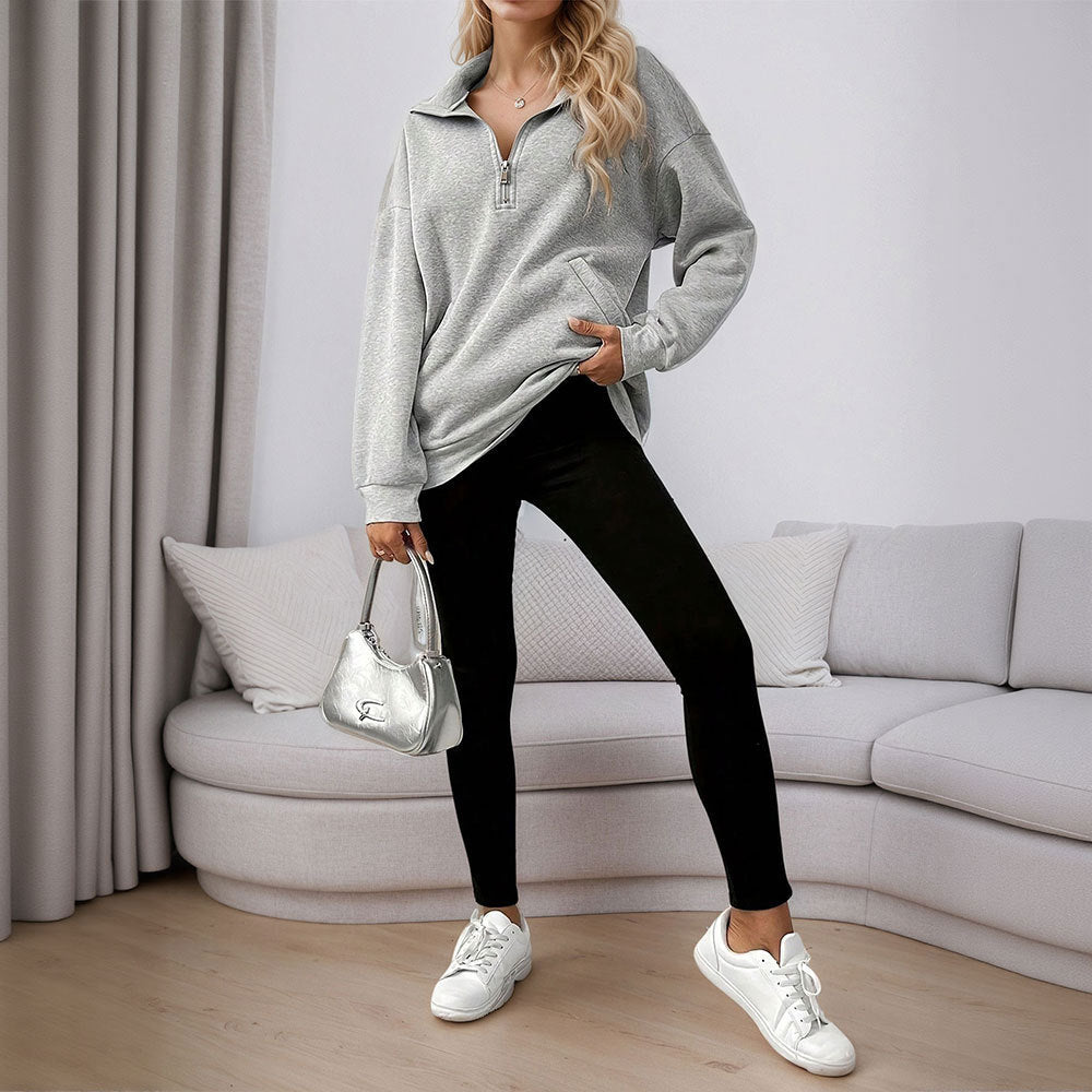 Damen Sweatpullover Halbzipp Reißverschluss Taschen Grau Eveloria