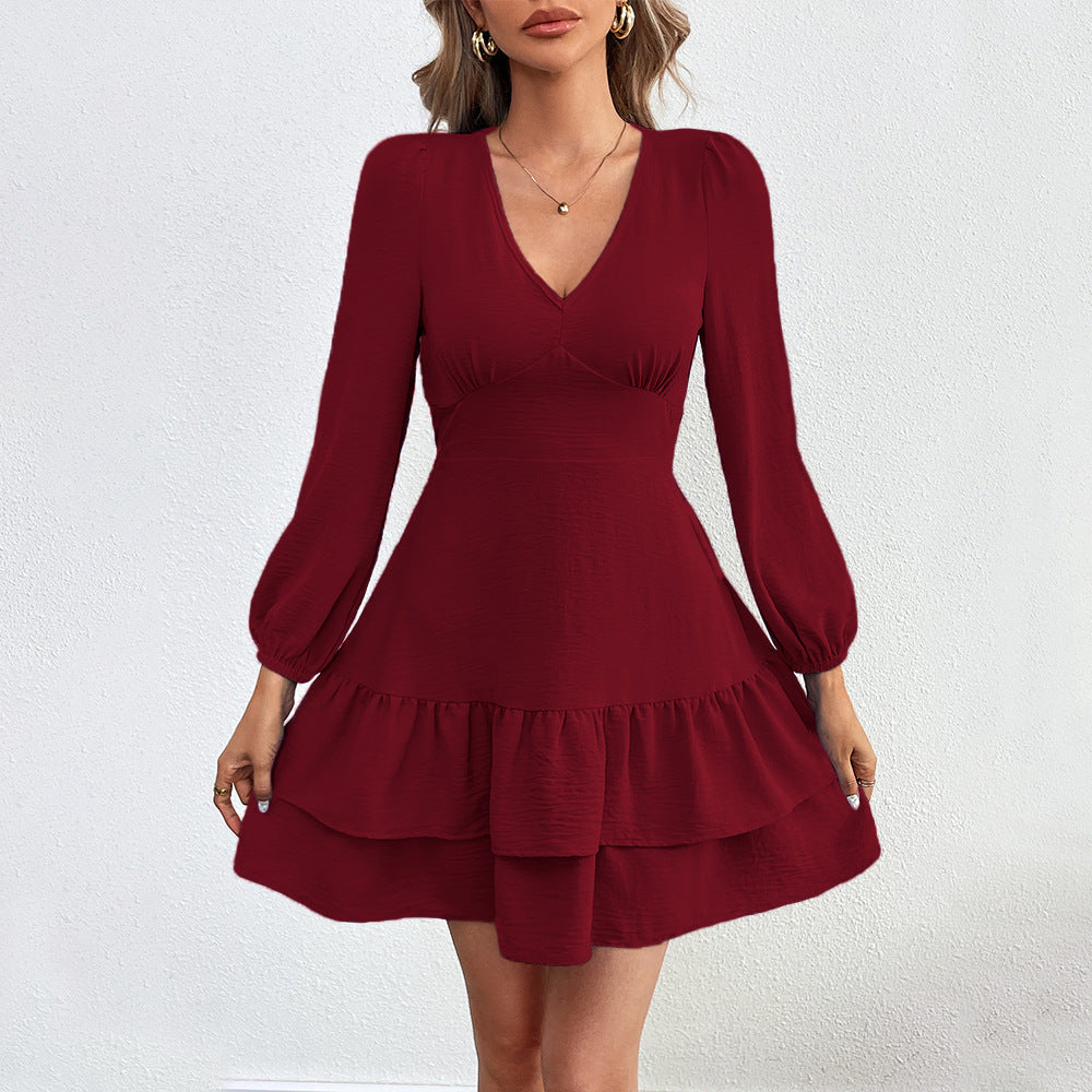 Damen Mini-Kleid Rüschensaum Puffärmel Eveloria