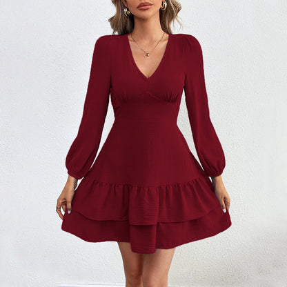 Damen Mini-Kleid Rüschensaum Puffärmel Eveloria