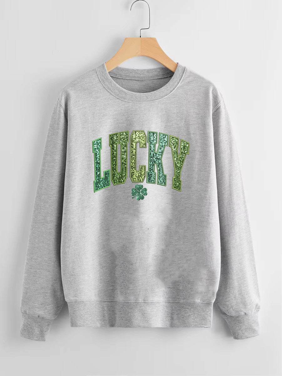 Damen Sweatshirt Glitzernd Kleeblattmotiv Grau Eveloria