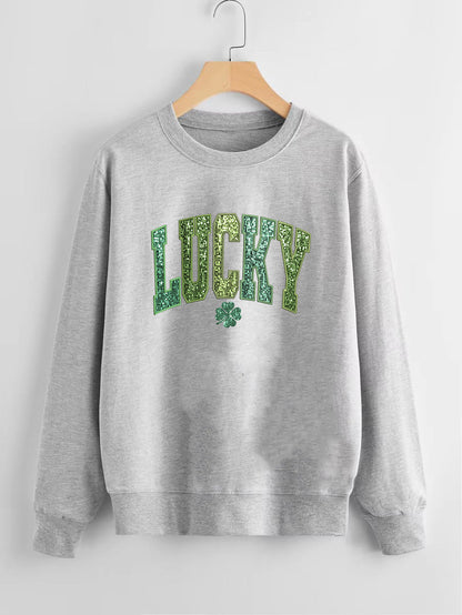 Damen Sweatshirt Glitzernd Kleeblattmotiv Grau Eveloria