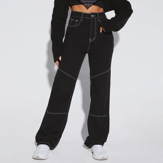 Damen High-Waist Jeans Breit Kontrastnähte Schwarz Eveloria - Eveloria