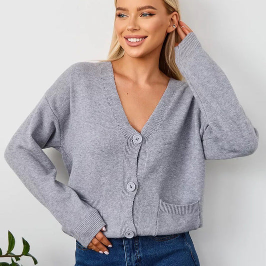 Damen Strickcardigan V-Ausschnitt Taschen Beige - Eveloria