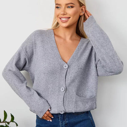 Damen Cardigan Grobstrick V-Ausschnitt mit Taschen Beige - Eveloria