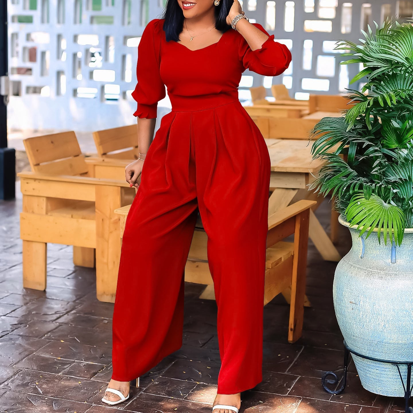 Damen Jumpsuit V-Ausschnitt Tailliert Eveloria