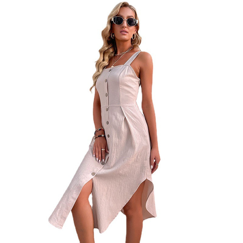 Damen Knielanges Kleid Knopfdetails Seitenschlitz Eveloria