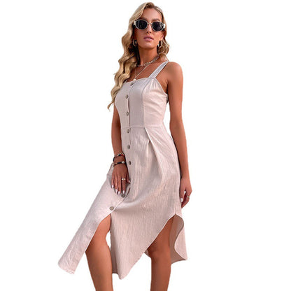 Damen Knielanges Kleid Knopfdetails Seitenschlitz Eveloria