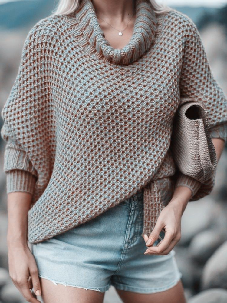 Damen Strickpullover Hohler Kragen Strukturiert Grau
