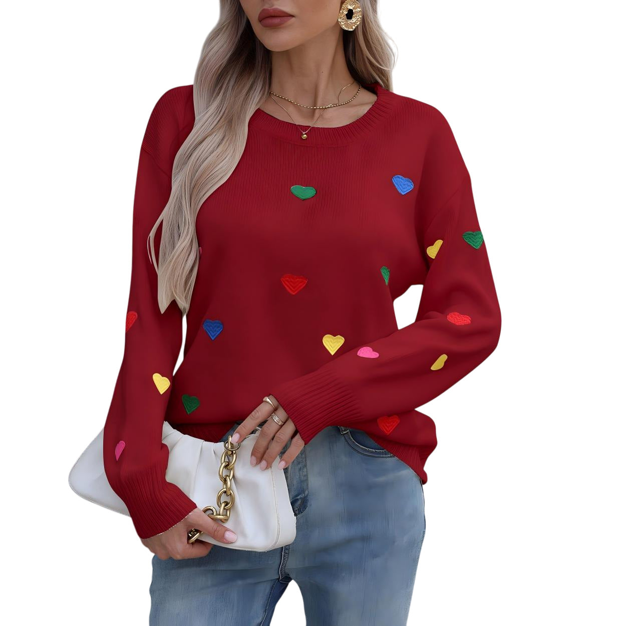Damen Pullover Bunt Herzdesign Weites Design