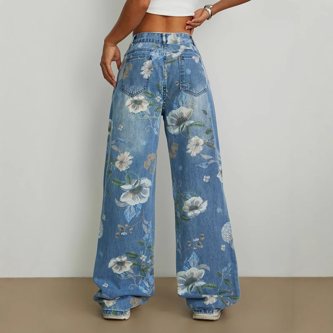 Damen Weite Jeans Florales Design Hoher Bund