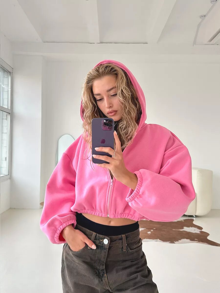 Damen Cropped Kapuzenpullover Voluminöse Ärmel Eveloria