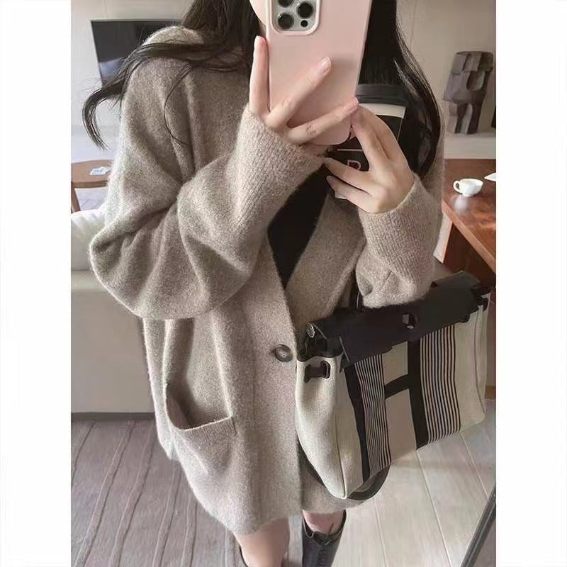 Damen Strickjacke Großes Modell Mit Taschen Kuschelig Beige