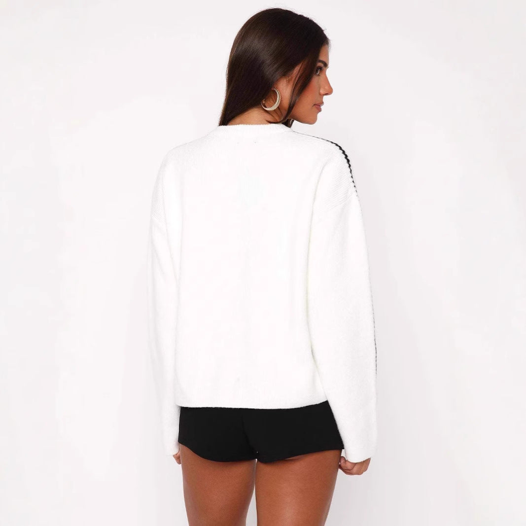 Damen Strickpullover Lässig Rippenmuster Kontrastdetails Beige