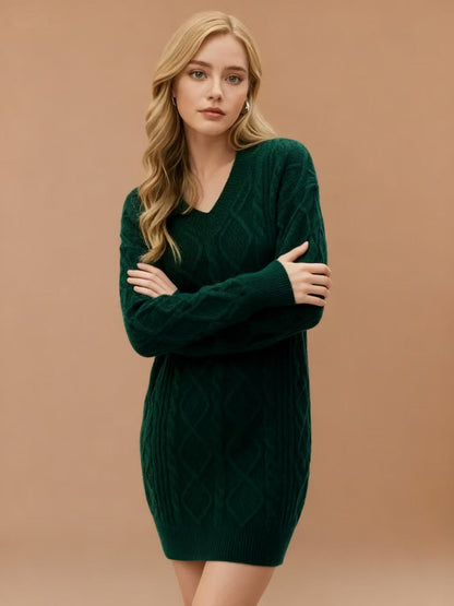 Damen Strickkleid V-Ausschnitt Strukturiert Anthrazit