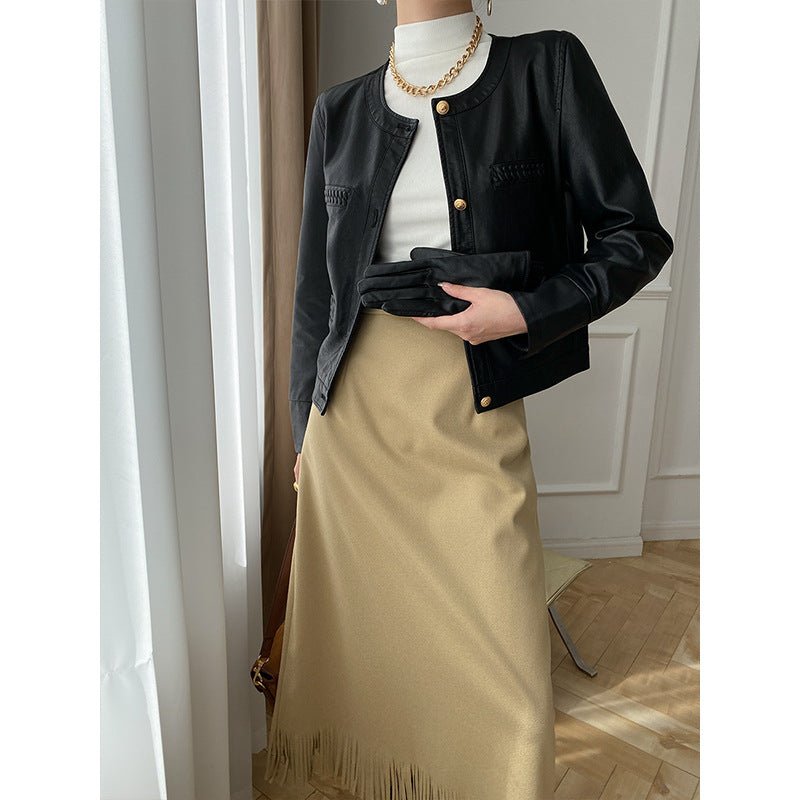 Damen Lederjacke Modern Dekorative Taschen Eleganter Schnitt