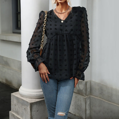 Damen Bluse Luftig Rüschendetails Punkte-Design Weiß Eveloria - Eveloria