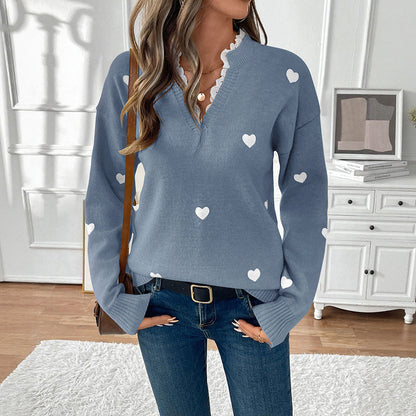 Damen Strickpullover Herzmuster Rüschendetails Eveloria