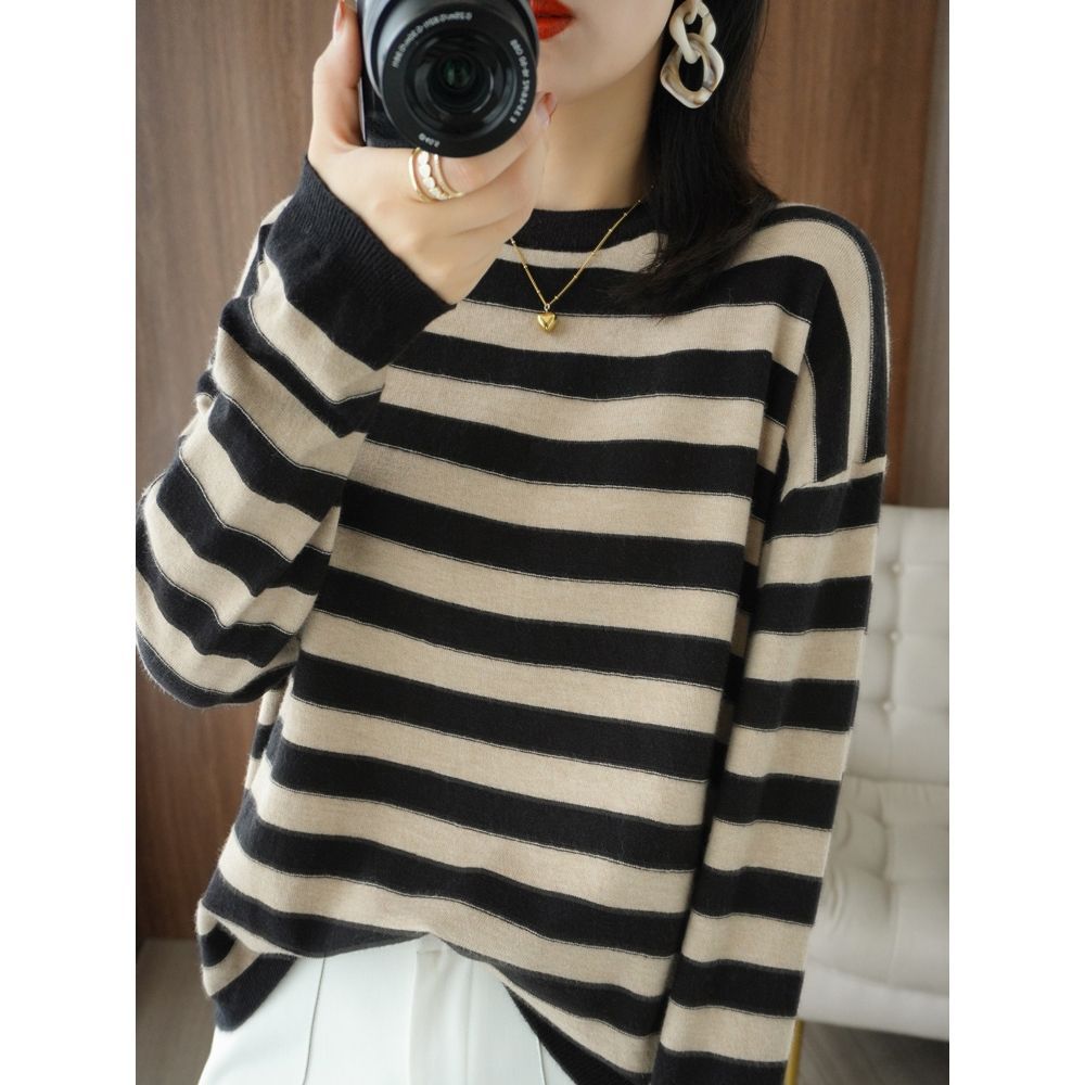 Damen Strickpullover Lässig Breitgestreift Eveloria