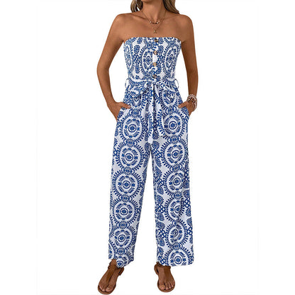Damen Jumpsuit Floralmuster Baumwolle Mit Taillengürtel Beige