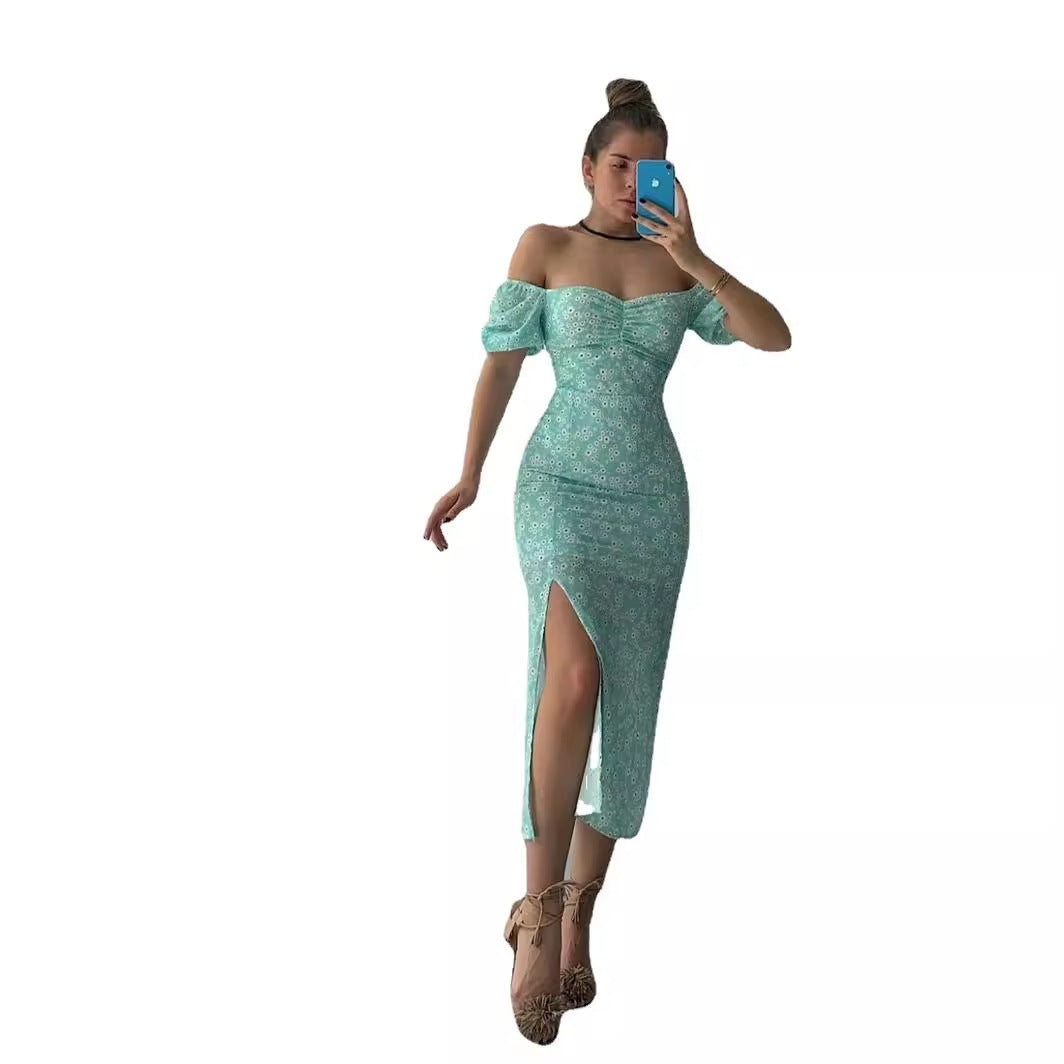 Damen Maxikleid Figurbetont Puffärmel Floralmuster
