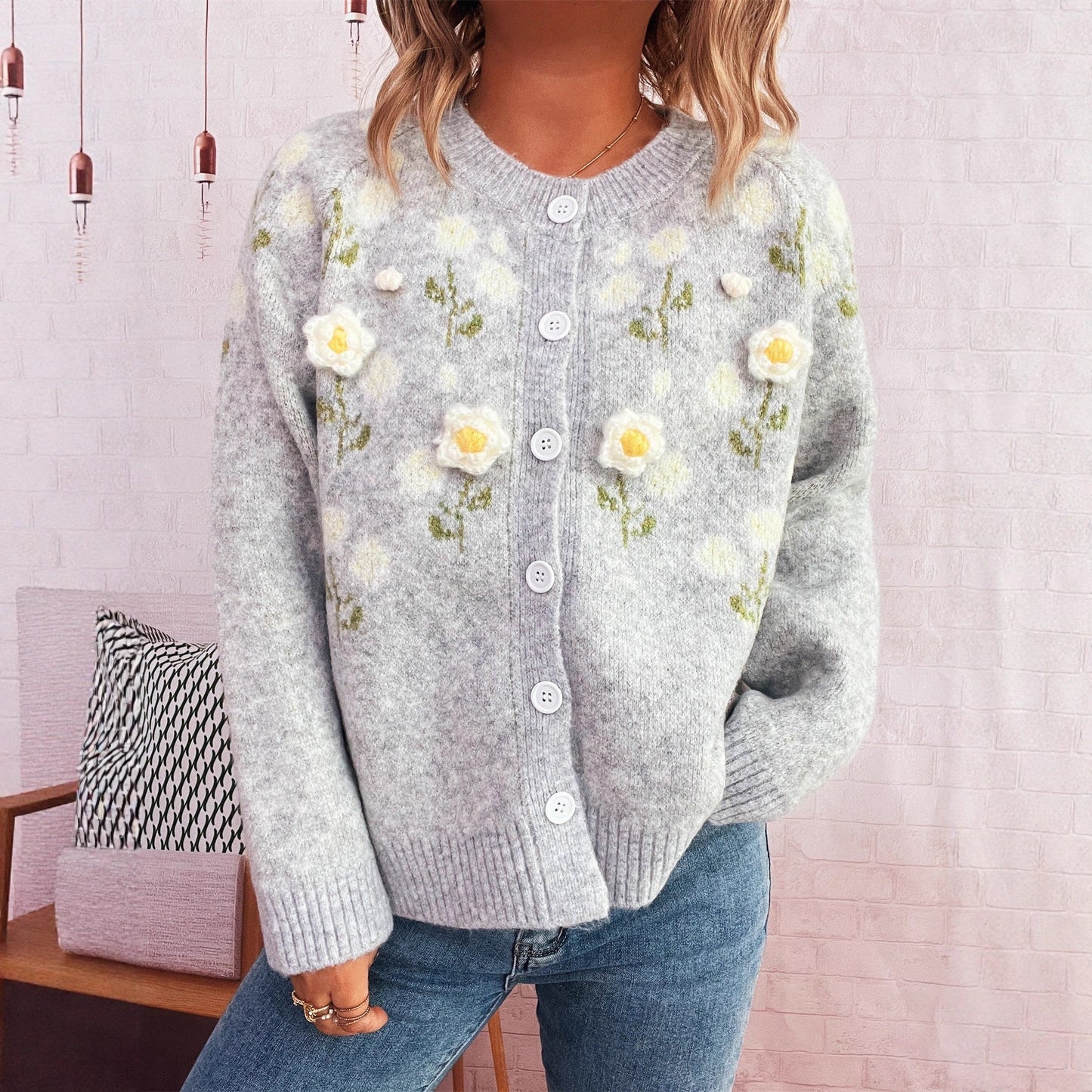 Damen Strickjacke Florale Applikationen Knopfverschluss - Eveloria