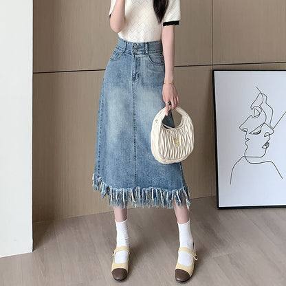 Damen Denim Midi-Rock Fransiger Saum Blau Eveloria