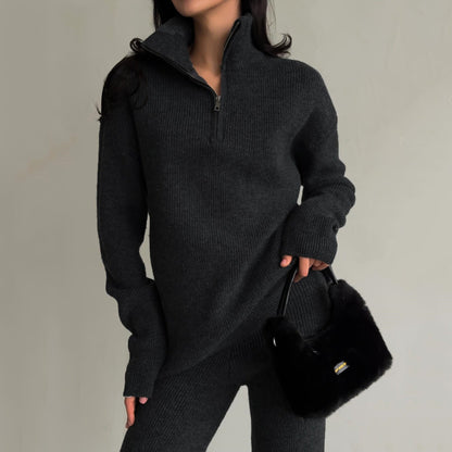 Damen Stehkragen Sweatshirt Reißverschluss Gerippt Grün Eveloria