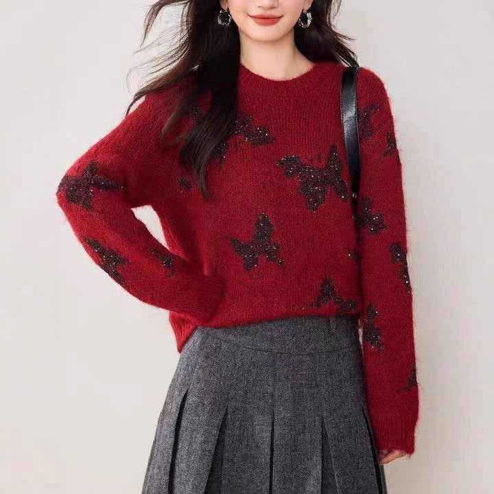 Damen Strickpullover mit Schmetterlingsapplikationen Glitzernd - Eveloria