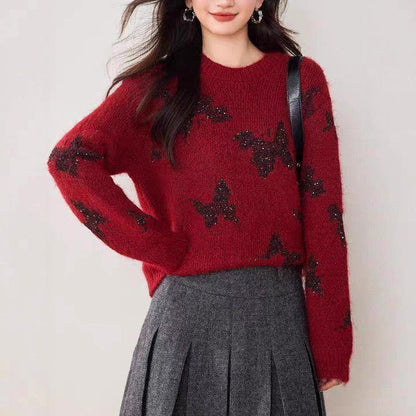 Damen Strickpullover mit Schmetterlingsapplikationen Glitzernd - Eveloria