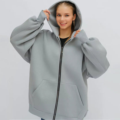 Damen Oversized Kapuzenjacke Hoch Bündchen Reißverschluss Eveloria