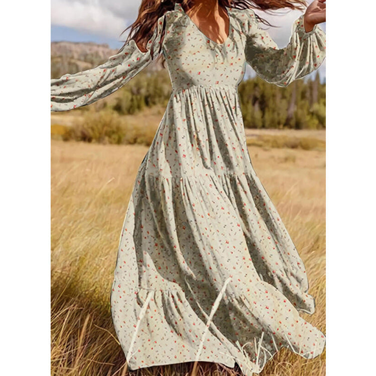 Damen Maxi-Kleid V-Ausschnitt Rüschen Elegant