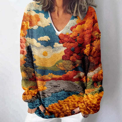 Damen Strickpullover Landschaftsmuster Eveloria