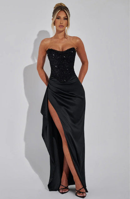 Damen Abendkleid Hochgeschlossen Transparenter Oberteil