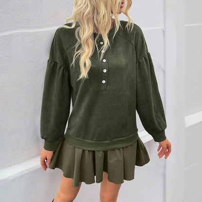 Damen Sportsweatshirt Knopfleiste Rüschensaum Eveloria