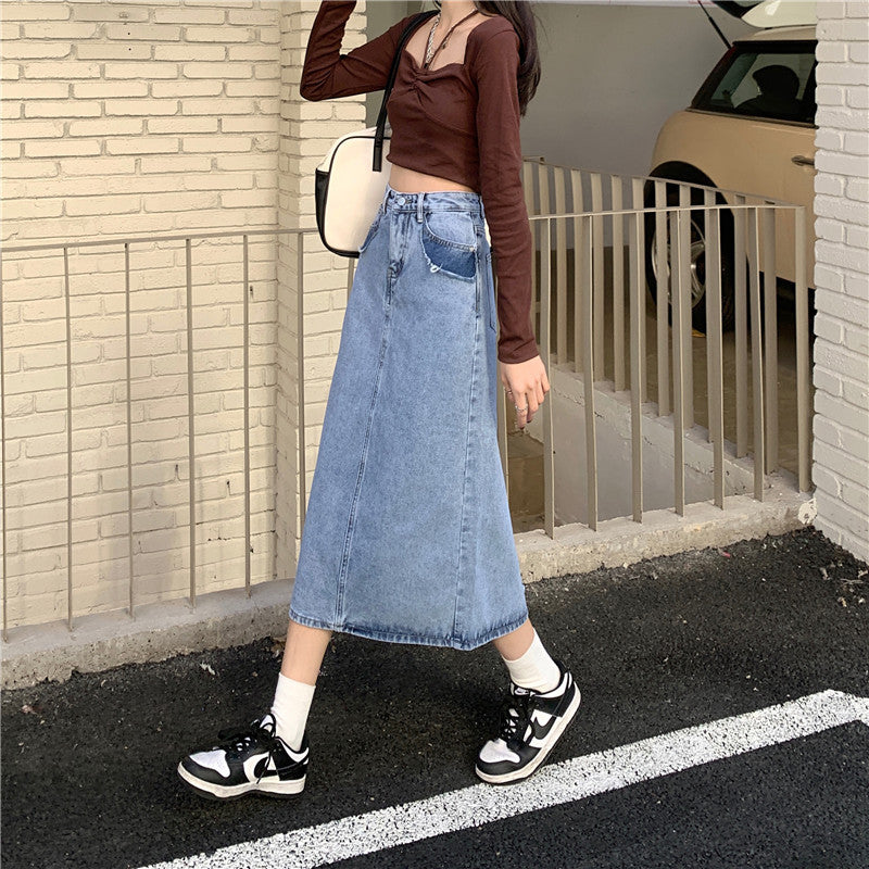 Damen Maxi Denimrock Hochtaillierter Bund Seitenschlitz Blau