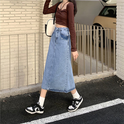 Damen Maxi Denimrock Hochtaillierter Bund Seitenschlitz Blau