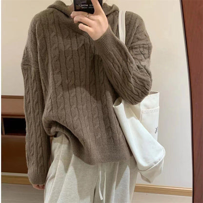 Damen Strickpullover Kapuze Zopfmuster Kuschelig Grau Eveloria