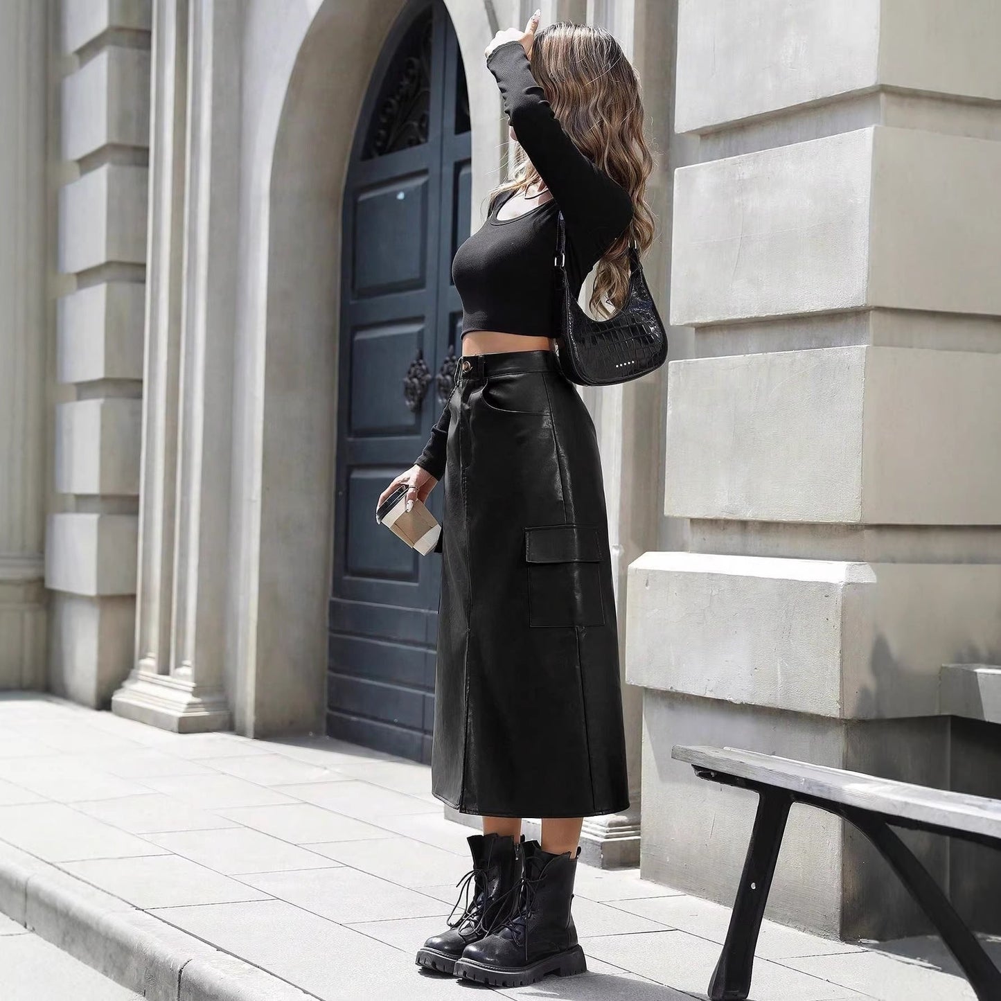 Damen Midirock Kunstleder Praktische Taschen
