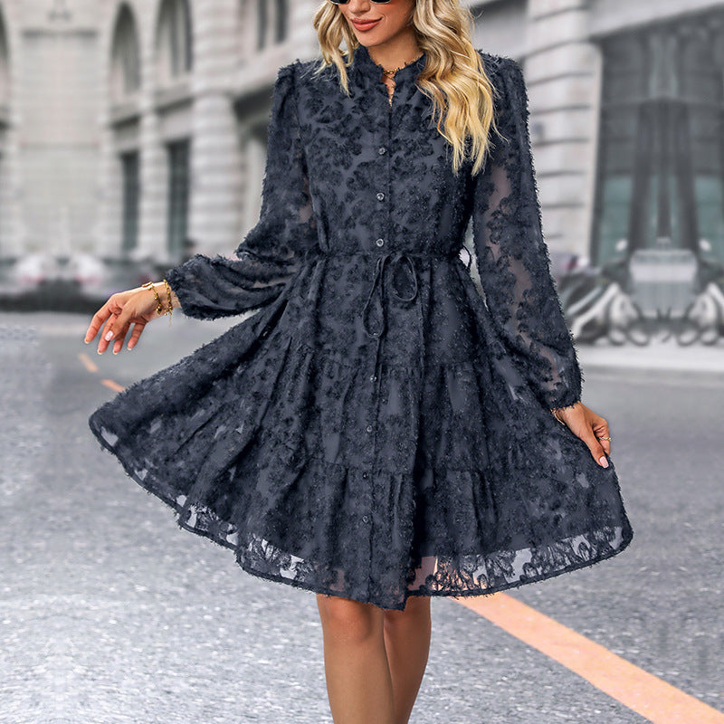 Damen Rüschenkleid Elastischer Taillenzug Bluse Hemdblusenkleid