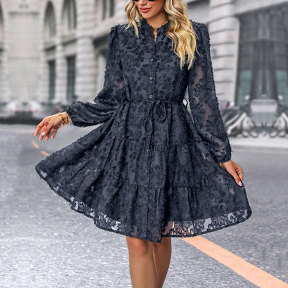 Damen Rüschenkleid Elastischer Taillenzug Bluse Hemdblusenkleid