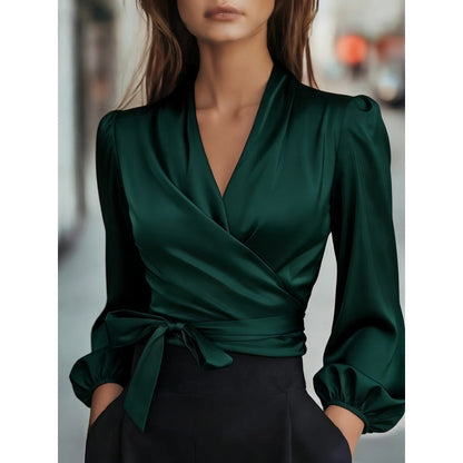 Damen Wickelbluse Satin Puffärmel Eveloria