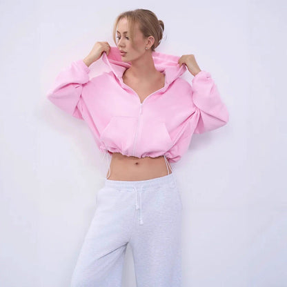 Damen Cropped Kapuzenjacke Voluminöse Ärmel Praktische Taschen
