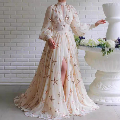 Damen Abendkleid Paillettenbesatz Eleganter Kragen Schwarz - Eveloria